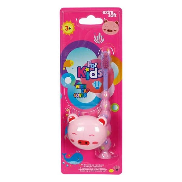 Periuta de dinti pentru copii, roz lila si husa protectie purcelus — varianta 4