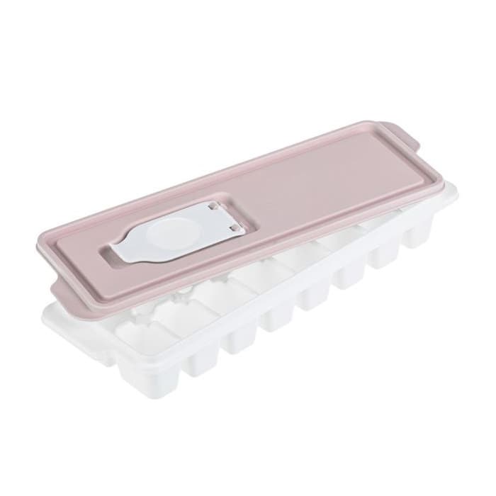 Cutie alba din plastic cu capac roz pal, pentru 16 cuburi de gheata — principală