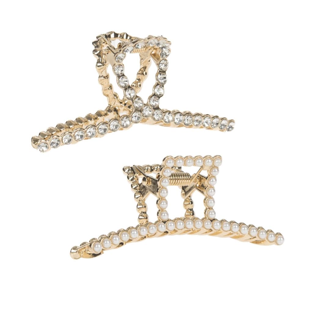 Clame par aurii, cu strass & perle albe, 7.5 cm, 2 bucati — principală