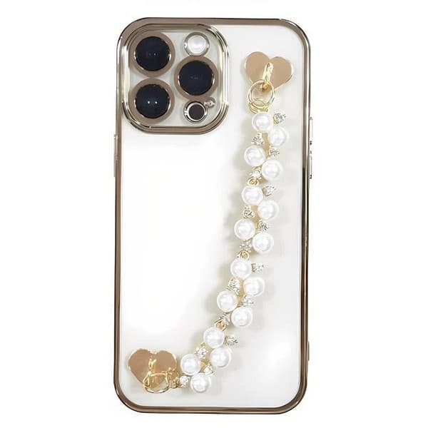 Decoratiune telefon mobil, maner auriu, margele cu strass Inimi, 16 cm — 2