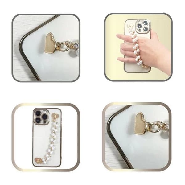 Decoratiune telefon mobil, maner auriu, margele cu strass Inimi, 16 cm — 3