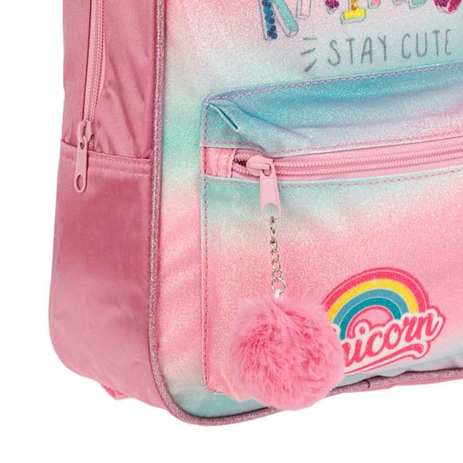 Ghiozdan gradinita roz, holografic, Rainbow, cu pompon — varianta 3