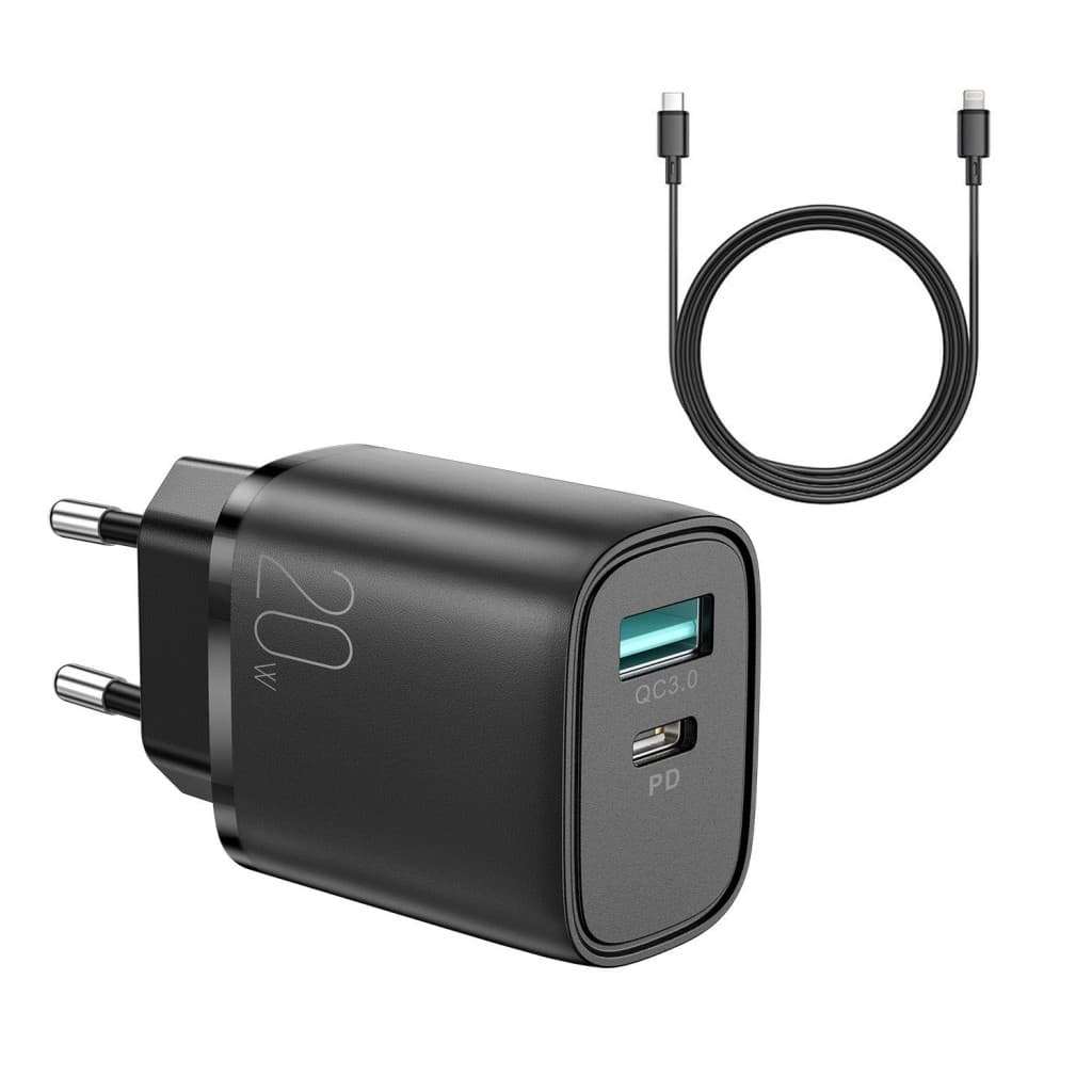 Incarcator casa Joyroom L-QP2011, cablu lightning inclus, 20W, 1xUSB-C, 1xUSB-A, PD, QC 3.0, negru — principală