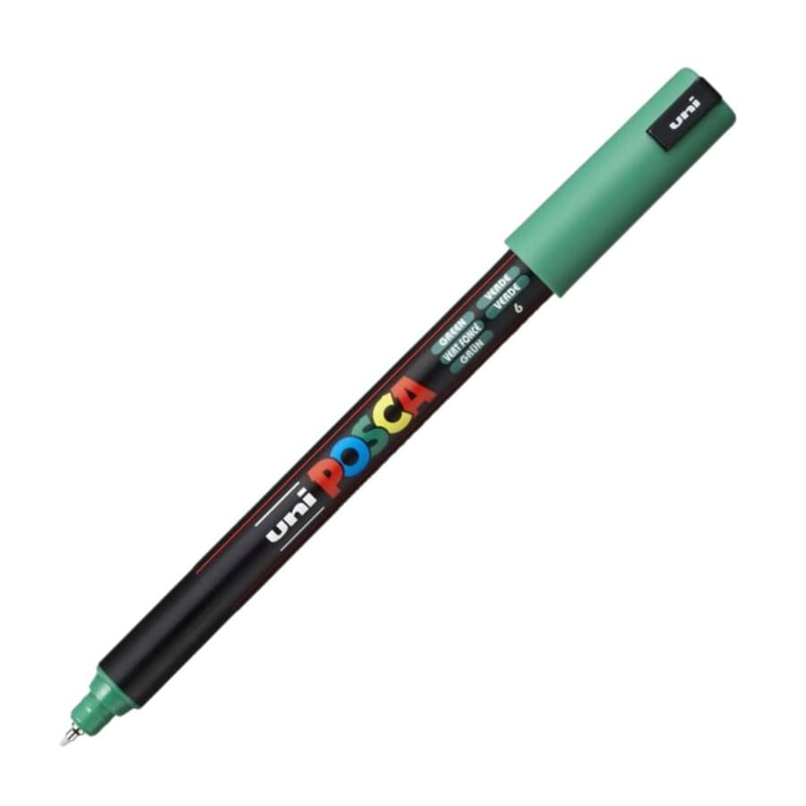 Marker UNI Posca, 0.7 mm, varf fin metalic, verde — principală