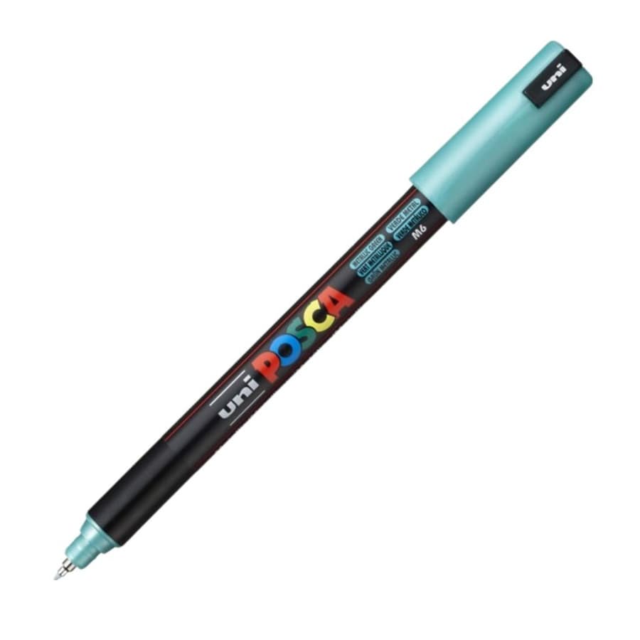 Marker UNI Posca, 0.7 mm, varf fin metalic, verde metalizat — principală