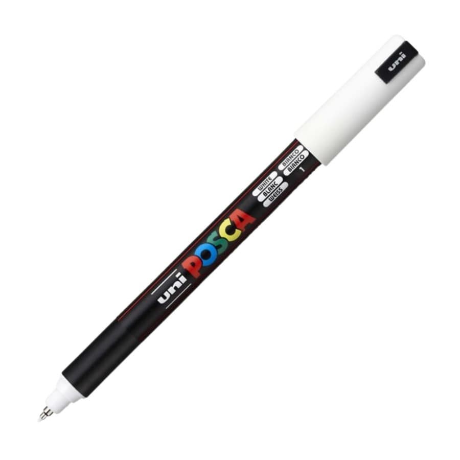 Marker UNI Posca, 0.7 mm, varf fin metalic, alb — principală