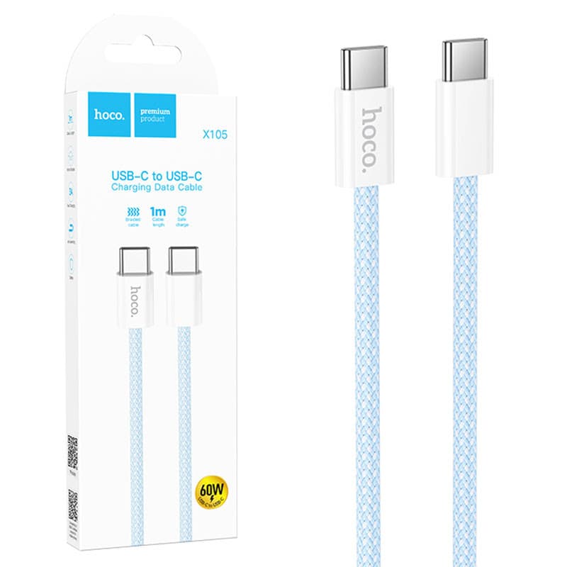 Cablu de date si incarcare Hoco X105, Type-C to Type-C, PD60W, QC3.0, 3A, 1 m, cablu impletit, incarcare rapida, albastru — varianta 3