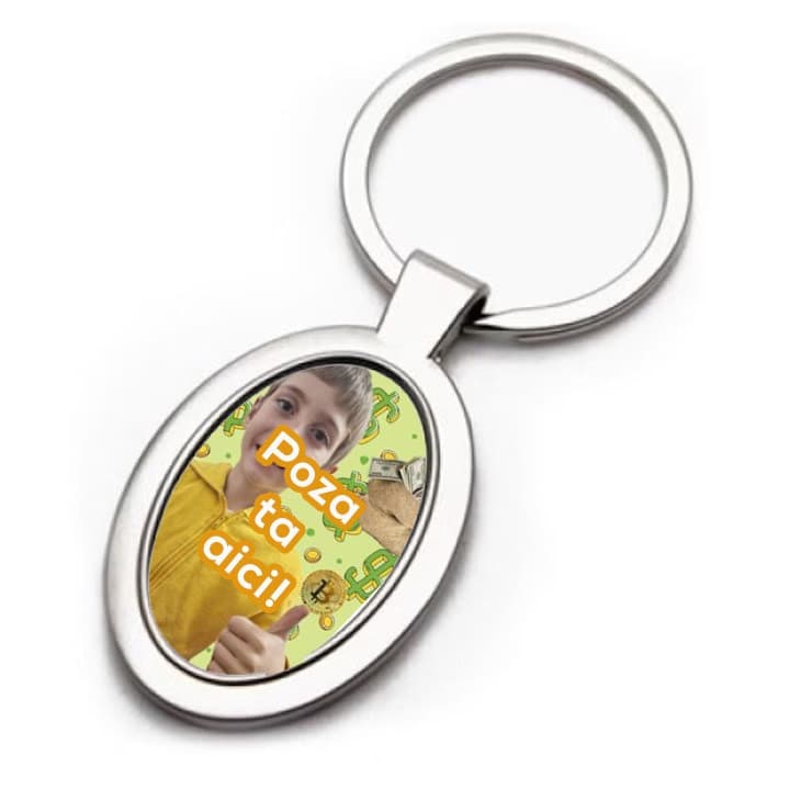 Breloc metalic personalizat cu poza ta, inel de sustinere metalic, oval — principală