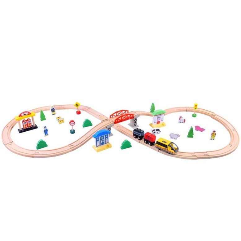 Traseu din lemn Kids Toyland, oras cu accesorii, locomotiva cu baterii, 46 de piese — principală