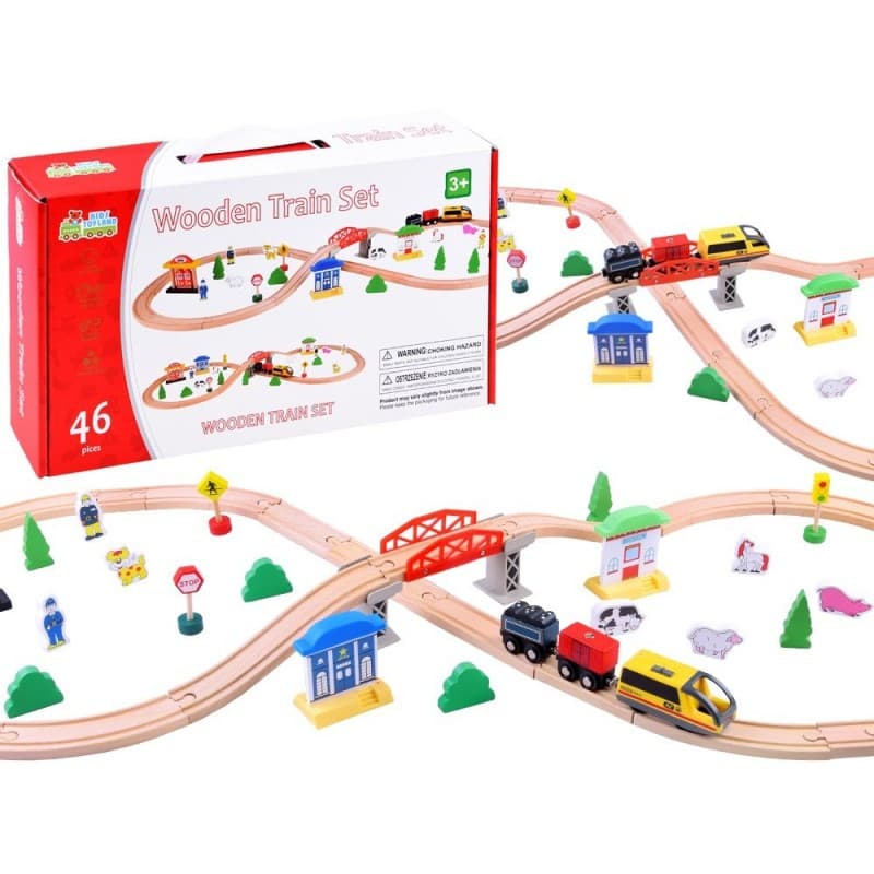 Traseu din lemn Kids Toyland, oras cu accesorii, locomotiva cu baterii, 46 de piese — varianta 2