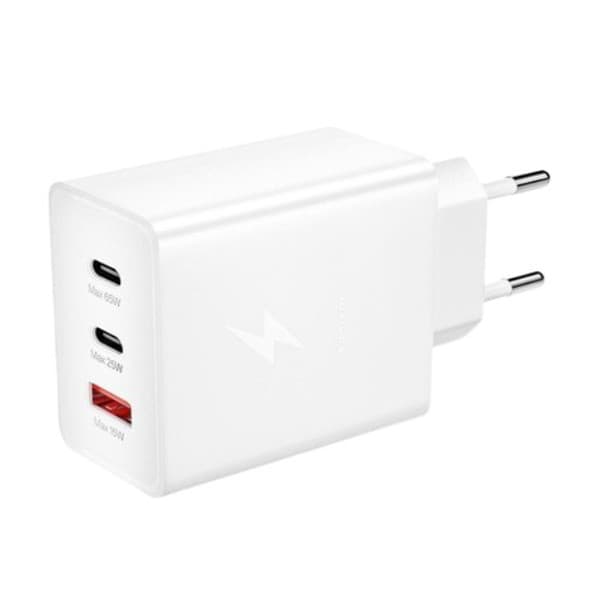 Incarcator telefon ZK-15, 65W,  2 porturi PD/Type-C + 1 port USB, incarcare super rapida, alb — principală