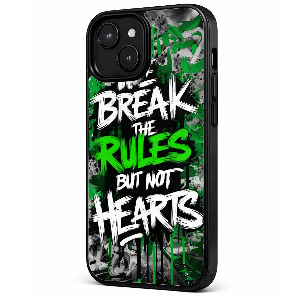 Husă iPhone 16 — design „Break the Rules”, verde lime și alb pe negru — varianta 3