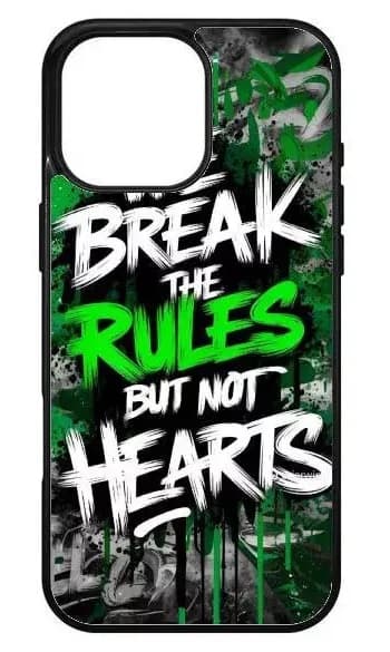 Husă iPhone 16 — design „Break the Rules”, verde lime și alb pe negru