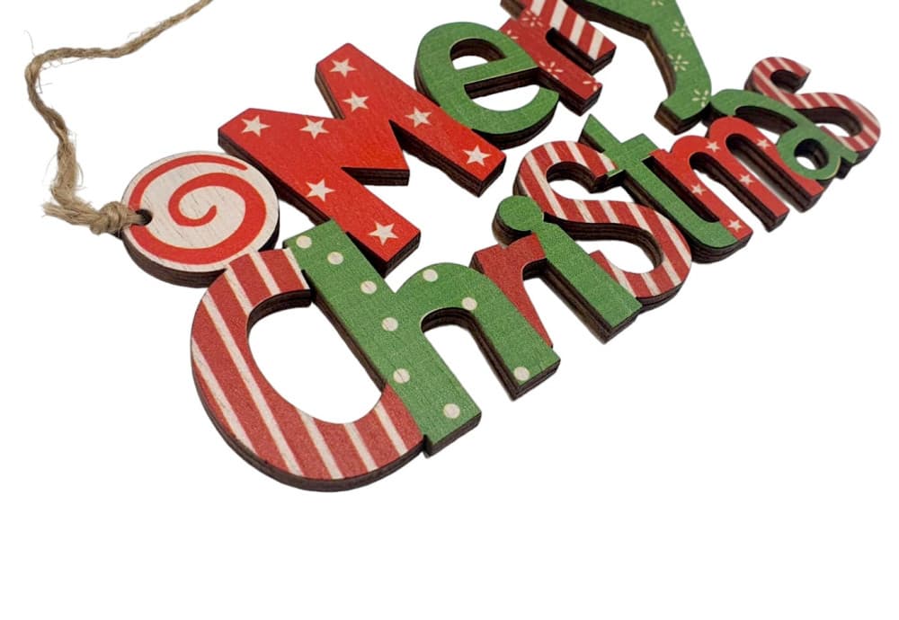 Decoratiune Craciun din lemn, Merry Christmas, rosu/verde 2