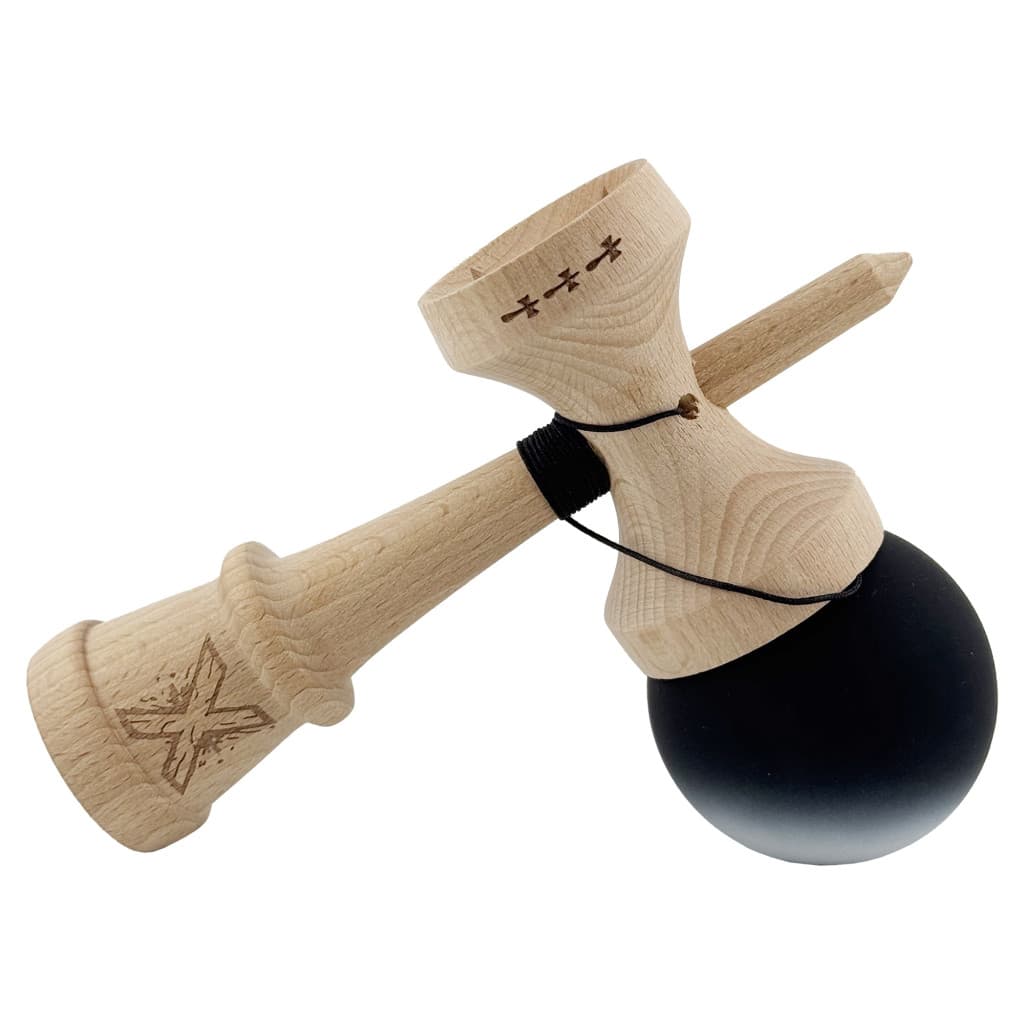 Jucarie lemn Kendama X, Rubber Grip, cupe mari V3, gaura in basecup, rulment, ata rezerva, negru/alb 3