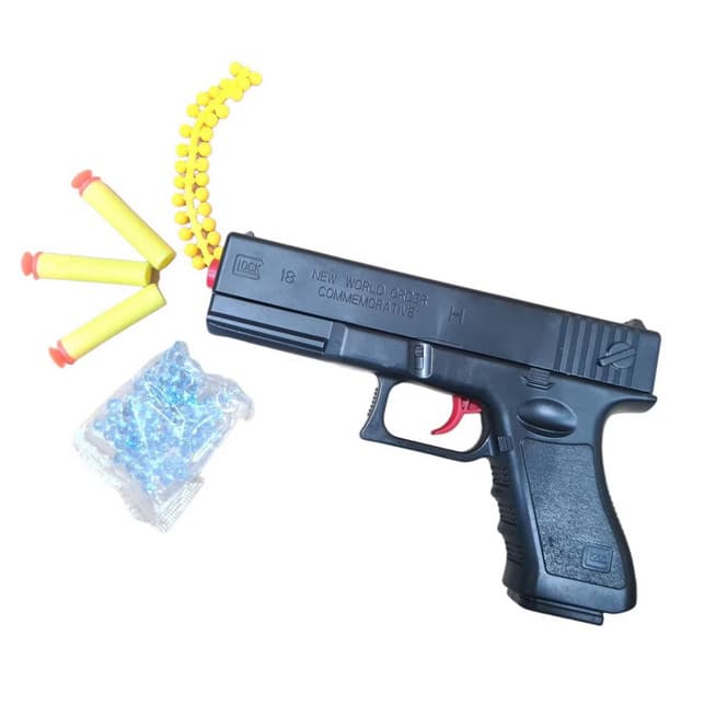 Pistol de jucarie tip Glock 18, incarcare manuala, 18 cm, 3 gloante moi din spuma cu ventuza, bile de gel orbeez si bile flexibile de silicon, negru lucios 4