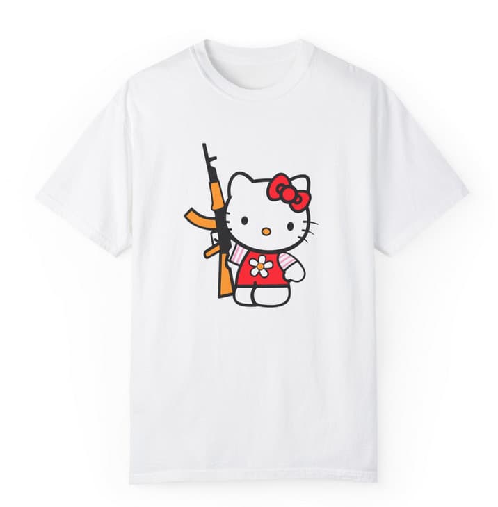 Tricou personalizat alb, copii/adulti, design Kitty with gun, modal, diverse marimi 2