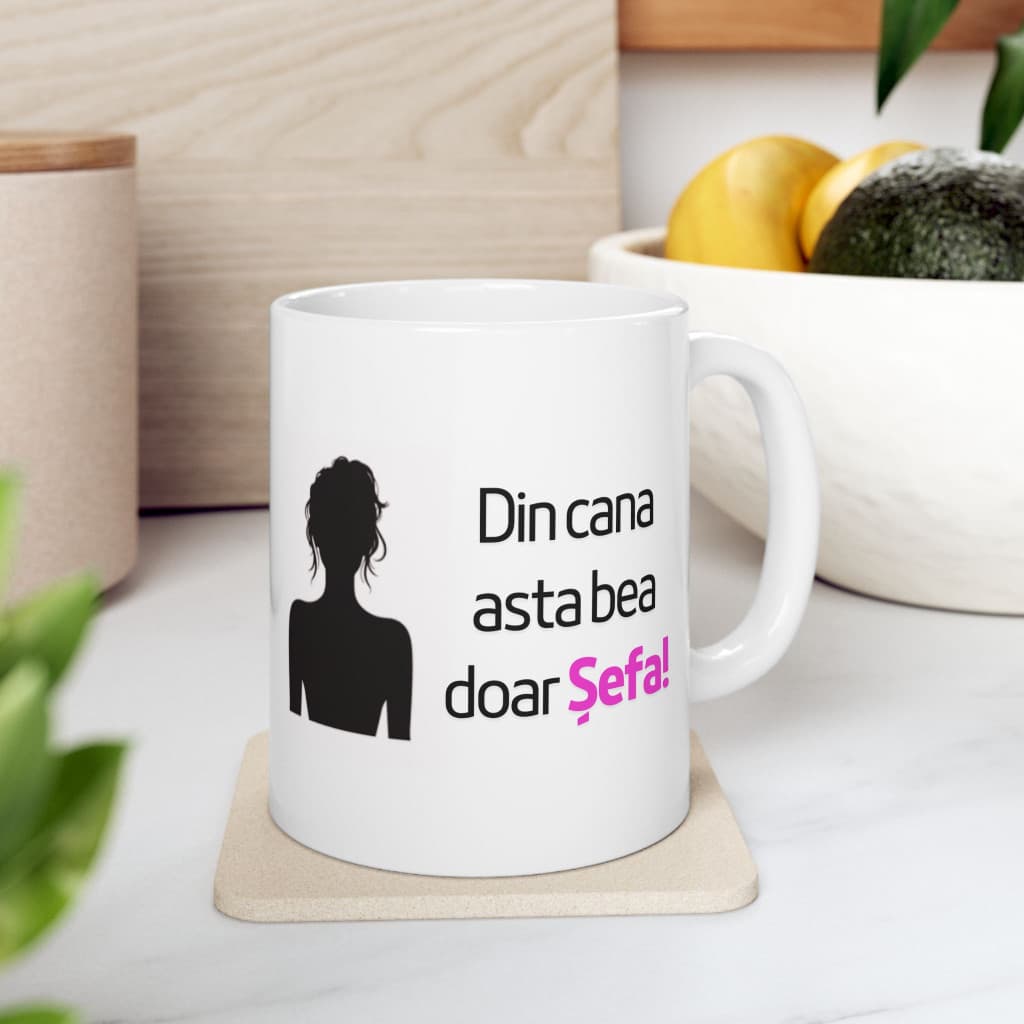 Cana ceramica personalizata, mesaj "Din cana asta bea doar Sefa", 330 ml, alba 2