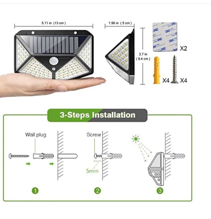 Lampa de exterior cu incarcare solara BK-100, senzor de miscare, unghi de 270 de grade, neagra 3