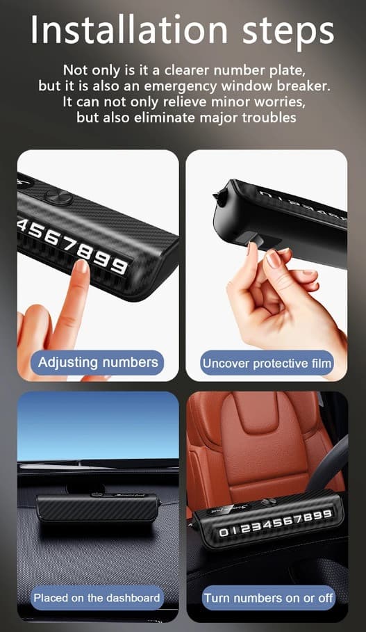Afișaj număr telefon auto, functie ciocan de urgenta, imitatie carbon, negru 4