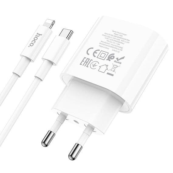 Incarcator casa Hoco C94A, 1 x USB-C PD 20W/3A, cablu Lightning inclus, incarcare rapida, albe 3