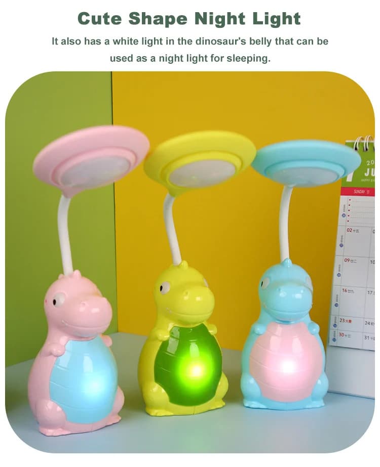 Lampa LED cu suport creioane si ascutitoare, functie lampa de veghe, dinozaur galben 2