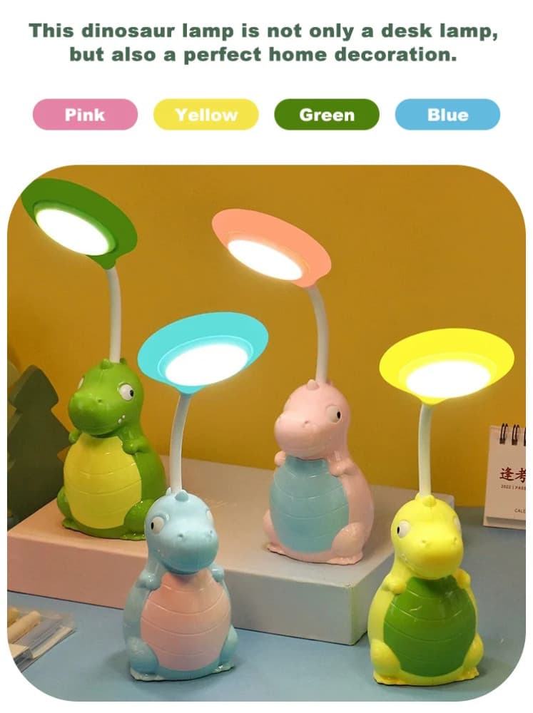 Lampa LED cu suport creioane si ascutitoare, functie lampa de veghe, dinozaur galben 3
