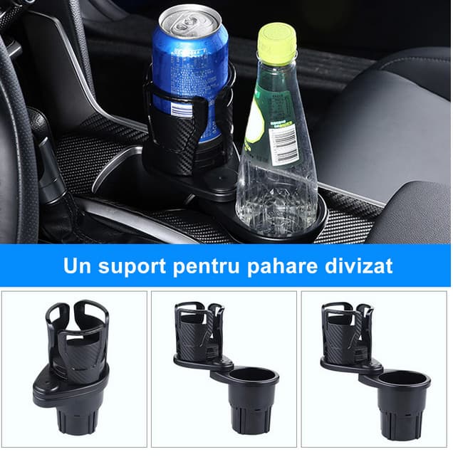 Suport pahar auto 2 in 1, multifunctional, baza rotativa, negru 3