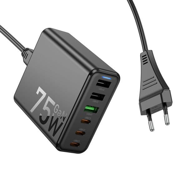 Incarcator priza multiport Hoco C133A Earl, 3 x USB + 3 x Type-C, statie incarcare 75W, cablu 1.5 m, negru 2