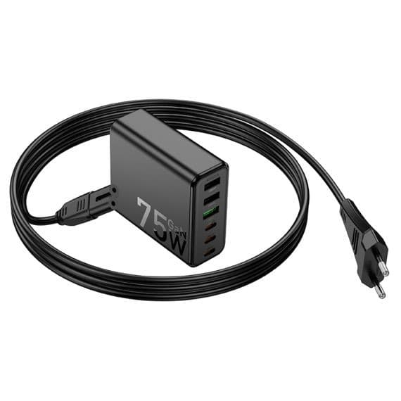Incarcator priza multiport Hoco C133A Earl, 3 x USB + 3 x Type-C, statie incarcare 75W, cablu 1.5 m, negru 3