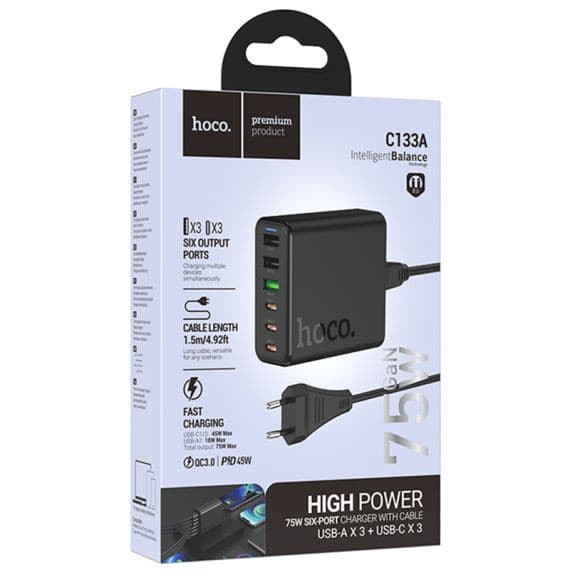 Incarcator priza multiport Hoco C133A Earl, 3 x USB + 3 x Type-C, statie incarcare 75W, cablu 1.5 m, negru 5