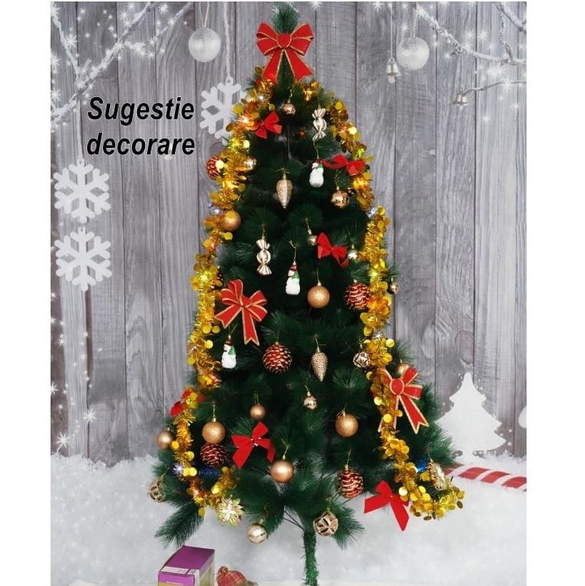 Brad artificial de Craciun tip pin, clasic, inaltime 90 cm, interior/exterior, suport inclus 5