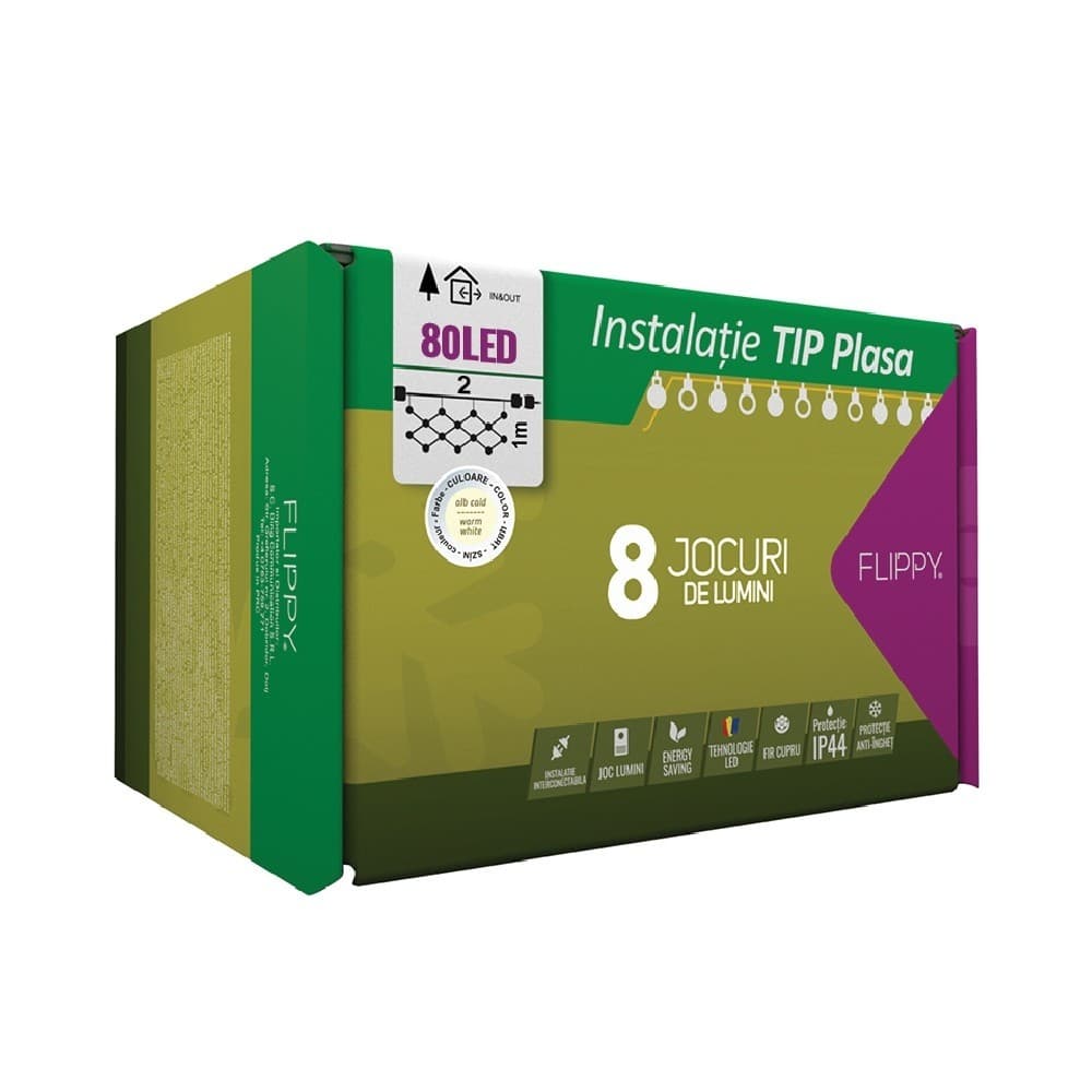 Instalatie Craciun tip plasa, 1.5 x 1.5 m, 120 led-uri, alb cald, 8 jocuri de lumini, transformator fara telecomanda, interconectabila 5