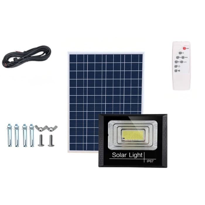 Proiector LED/Lampa solara de exterior, 15 cm x 20 cm, Rezistent la Apa IP67, cu Panou Solar, 114 LED SMD, 65W, Senzor de lumina, Timer, cu Telecomanda, 2 moduri de iluminat, kit montaj inclus, 2