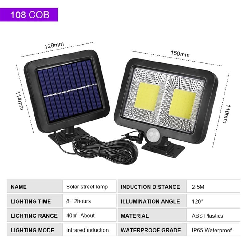 Lampa solara cu senzor de miscare, 108 COB LED, 2 grile, 2400lm, IP65, neagra 5