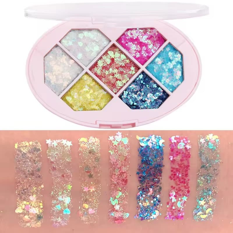Paleta cu Glitter, Flippy, Varianta 1, 7 Nuante, Pentru Corp si Par, 50 g, Rezistent la Apa, 9.8 x 6.8 cm, Multicolor 2