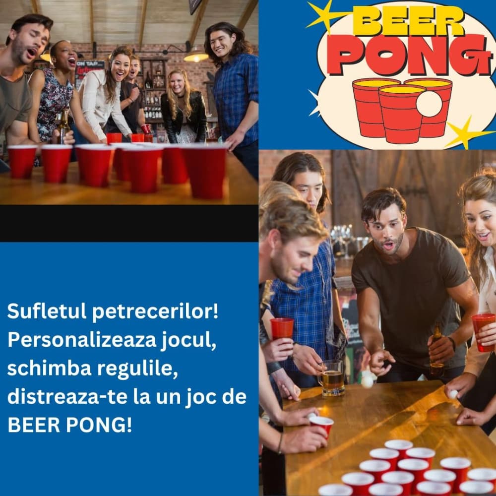 Joc de baut Beer Pong , 24 Pahare, 24 Mingi, material plastic, reutilizabil, portabil, rosu 2