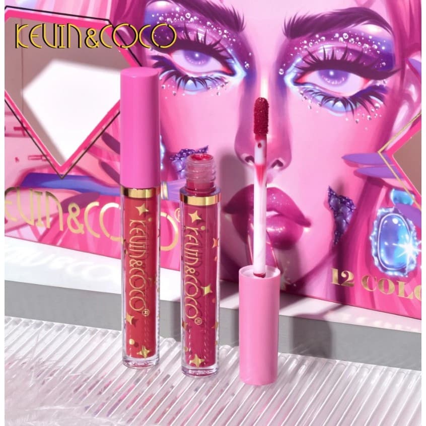Set 12 Lip Gloss Kevin & Coco, nuante de rosu si rose, cutie dreptunghiulara, 26.5x16.5x2.2 cm, 200 g, multicolor 2