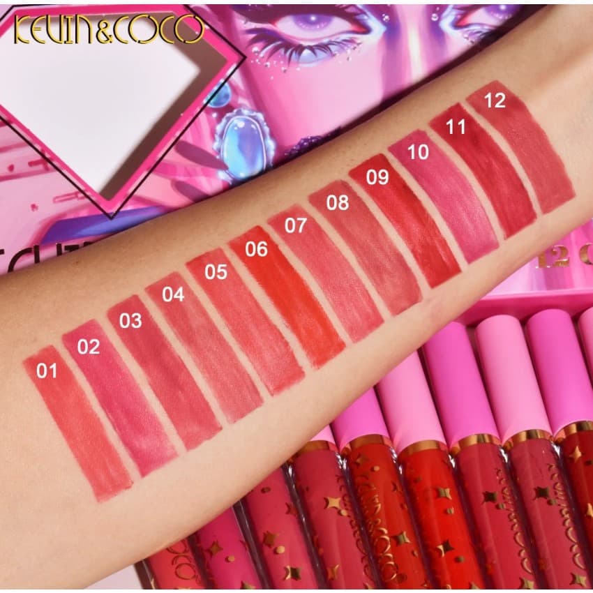 Set 12 Lip Gloss Kevin & Coco, nuante de rosu si rose, cutie dreptunghiulara, 26.5x16.5x2.2 cm, 200 g, multicolor 4