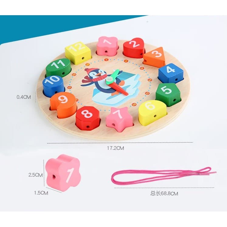 Jucarie educativa tip Montessori, ceas din lemn, model pinguin, 12 piese, multicolor 2