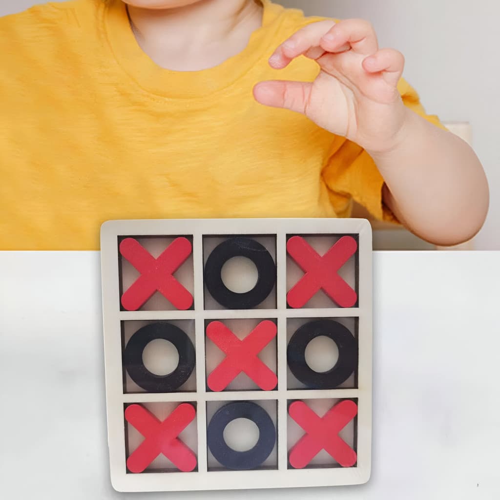 Jucarie tip Montessori "X si O", 9 piese, lemn, negru/rosu 3