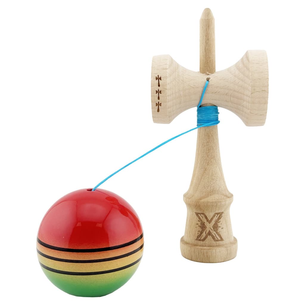 Jucarie lemn Kendama X, Super Sticky, cupe mari V2, gaura in basecup, rulment, ata rezerva, rosu/galben/verde 3