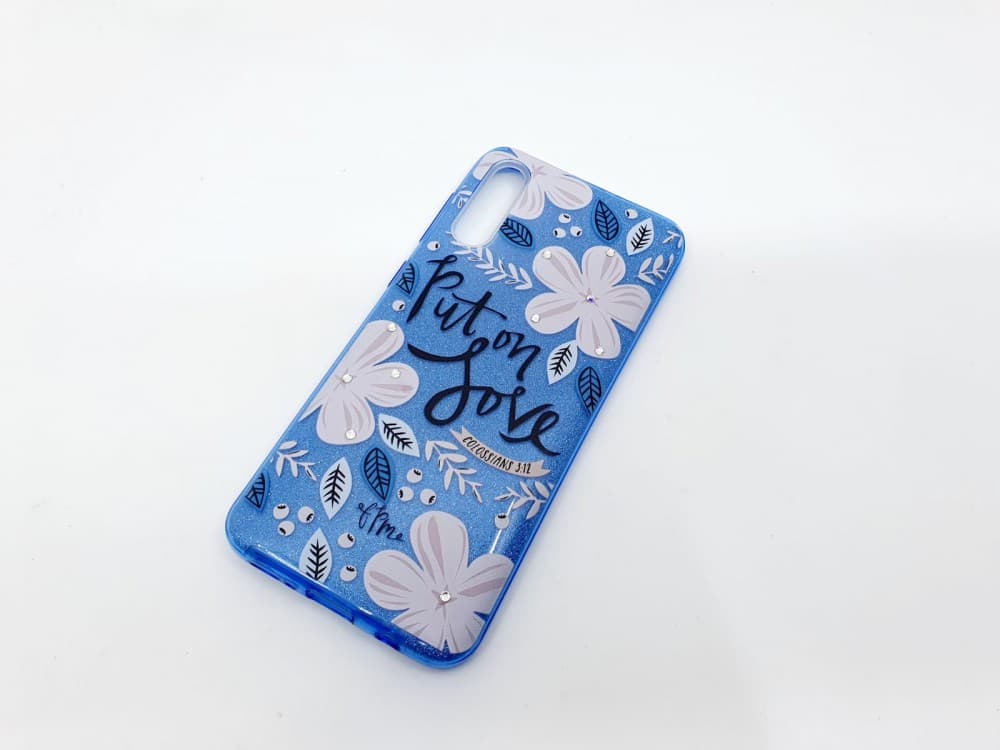 Husa Flowers Glitter pentru Apple iPhone 6 / 6S, cu mesaj, albastra 2