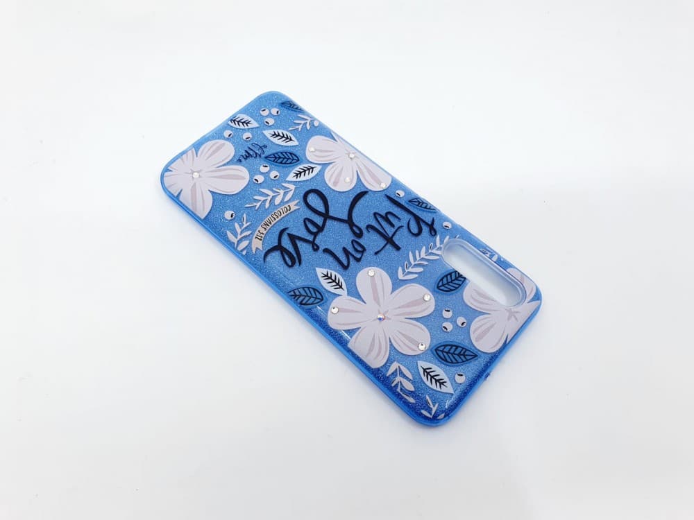 Husa Flowers Glitter pentru Apple iPhone 6 / 6S, cu mesaj, albastra 3