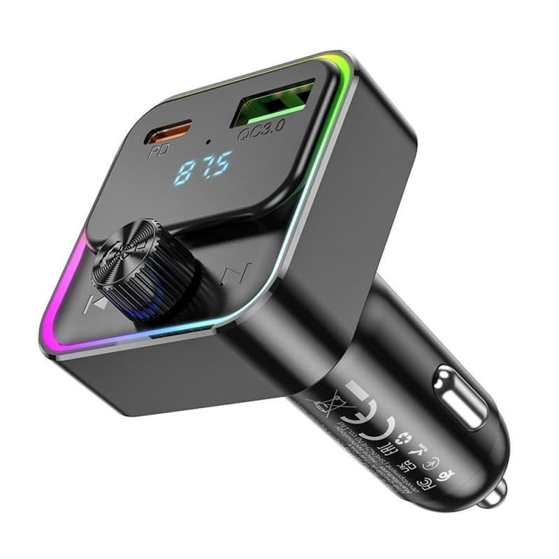 Modulator FM Hoco E81, Incarcare 30W, 2 porturi incarcare, Iluminare RGB, Bluetooth, negru 2