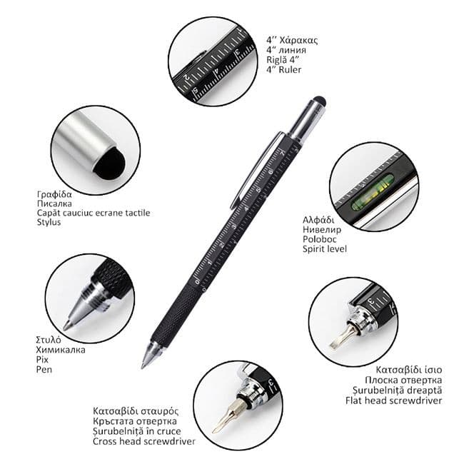 Unealta multifunctionala 6 in 1 (pix, surubelnita dreapta si in cruce, nivela, rigla, stylus ecran), 15 cm, neagra 2