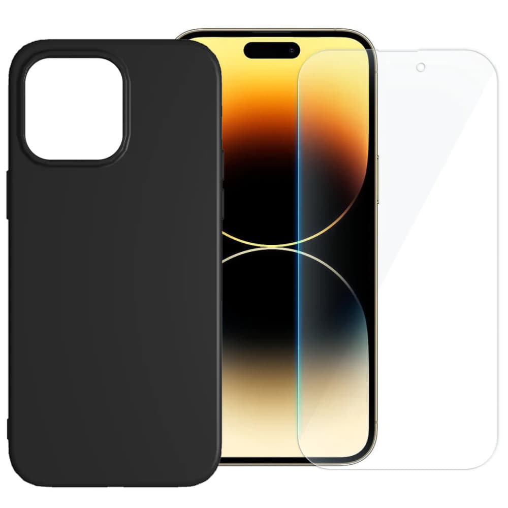 Set folie si husa Apple iPhone 14 Plus, sticla transparenta si Matt TPU, negru 1