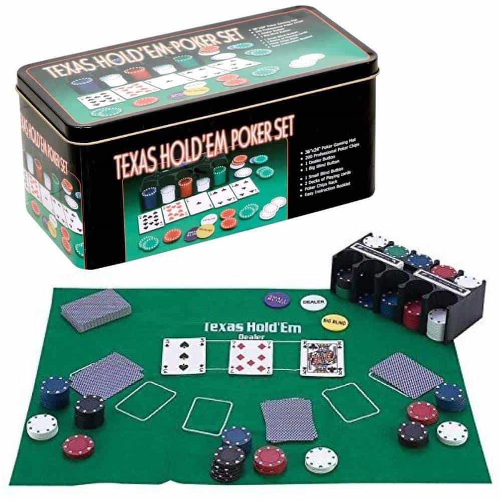 Set Poker Texas Holdem 200 jetoane și cărți de joc în cutie metalică 1