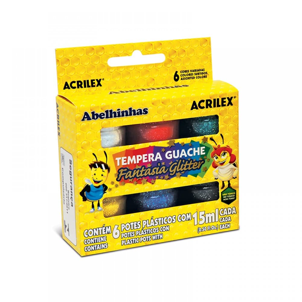 Acuarele Guase cu sclipici Acrilex, 6 culori x 15 ml 1