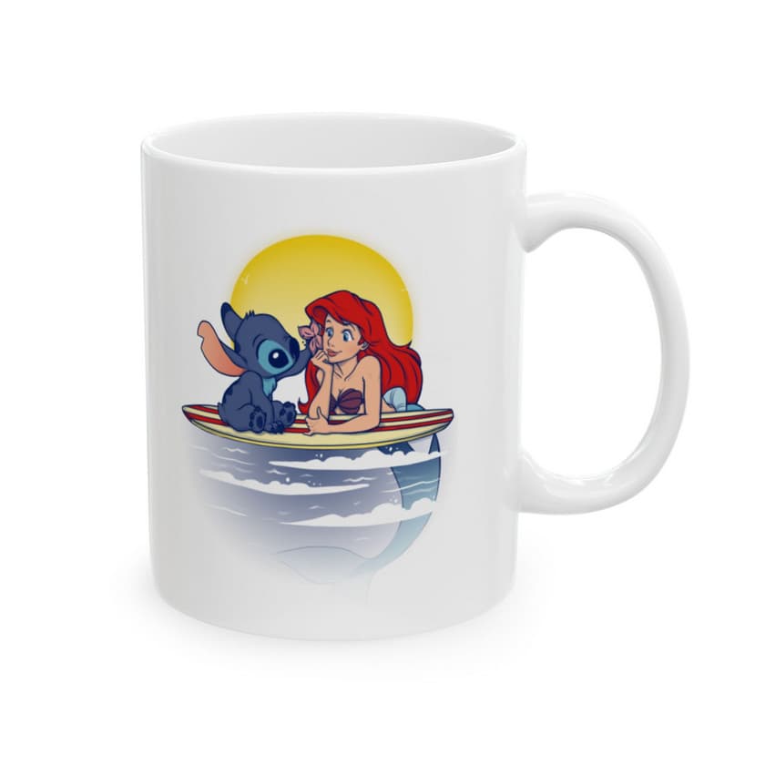 Cana ceramica personalizata, design Stitch si Sirena, 330 ml, alba 1